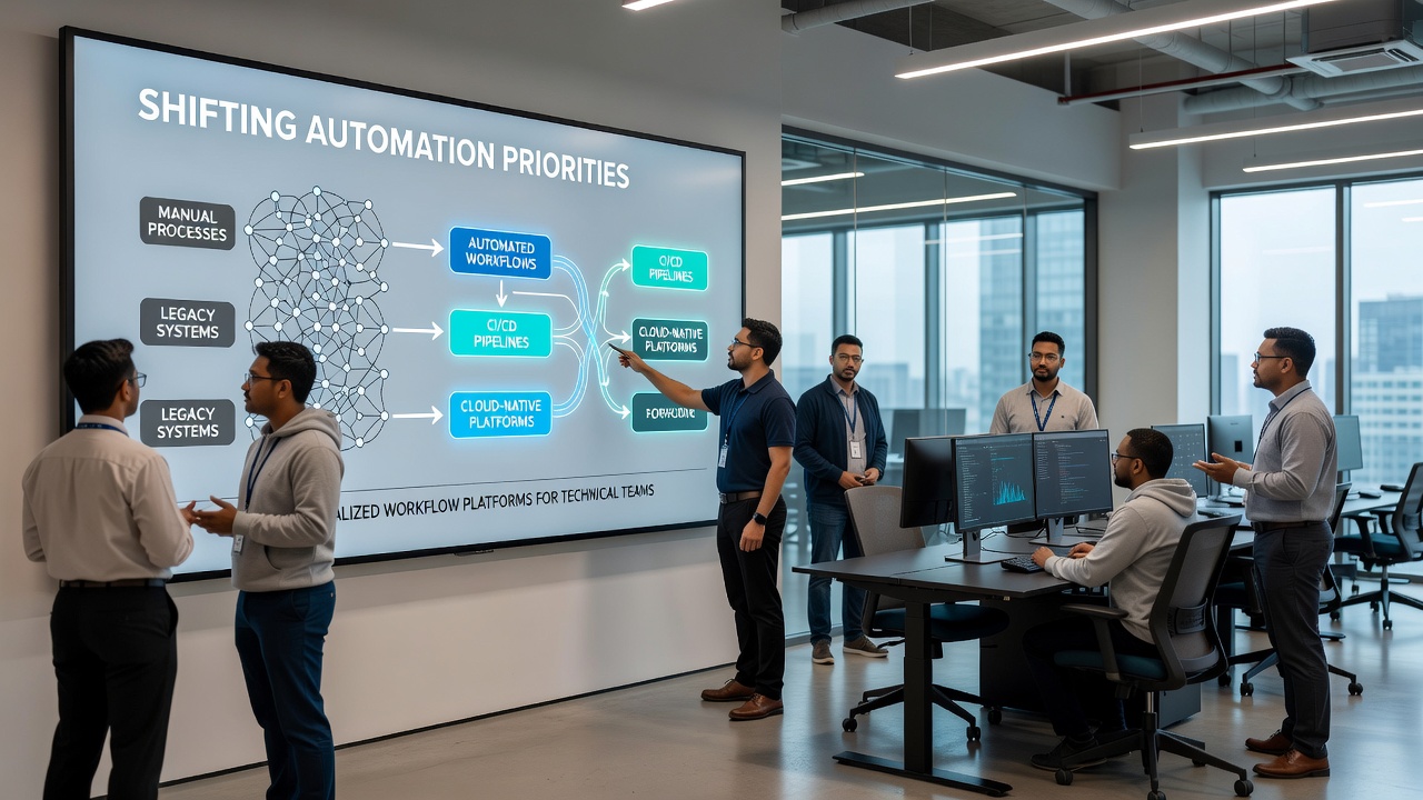 Technical team collaborating on workflow automation adjustments in a specialized platform interface